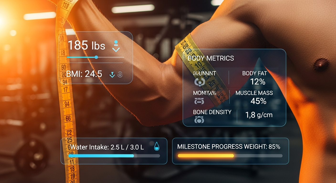 LifeShift 360 milestone check-in screen with weight, BMI, and body metrics in dark mode