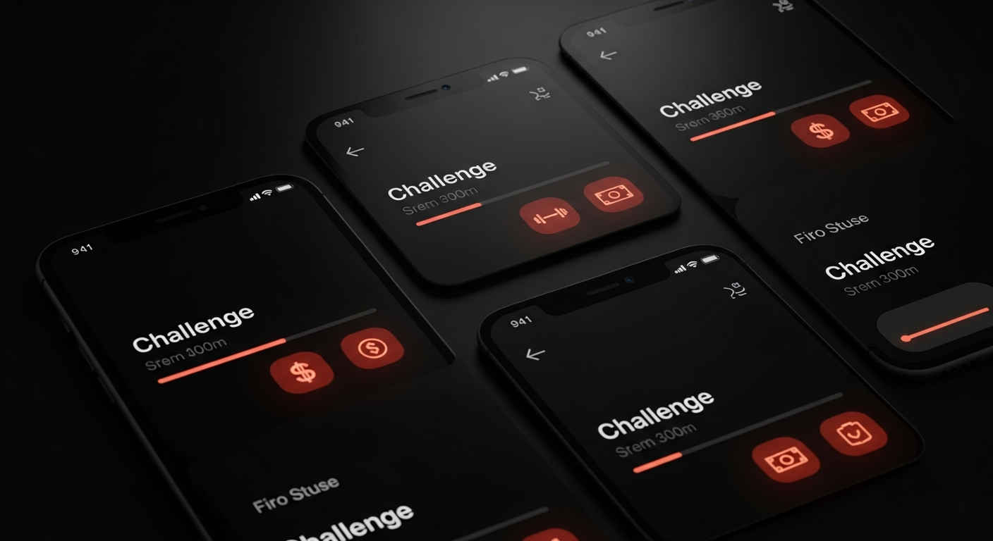 LifeShift 360 dark mode dashboard showing multiple active challenges across fitness and finance categories