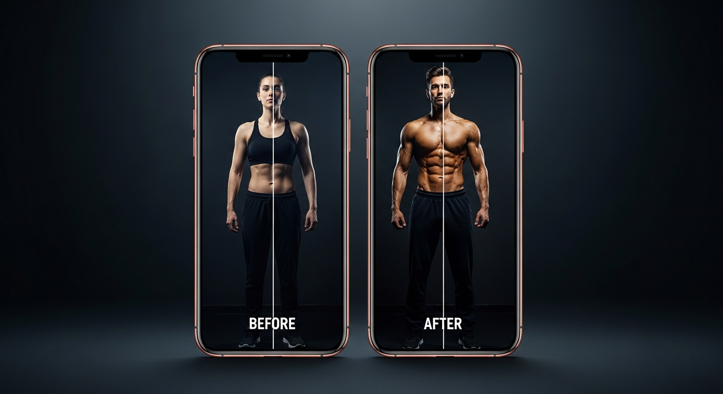 LifeShift 360 progress photo comparison in dark mode showing body transformation side by side