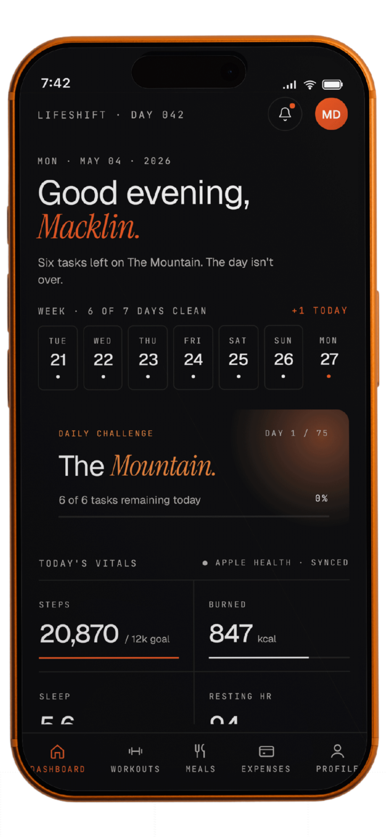 LifeShift 360 dashboard — dark mode