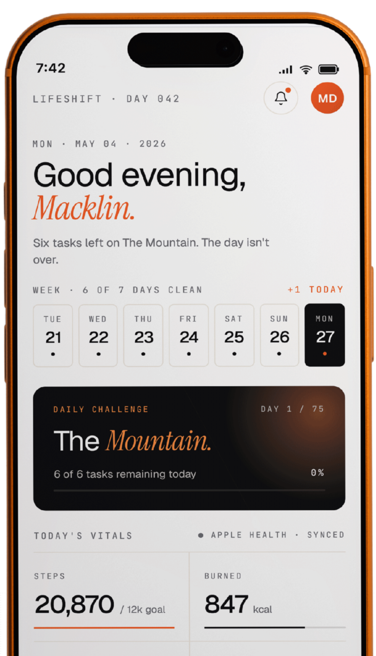 LifeShift 360 home screen on iPhone